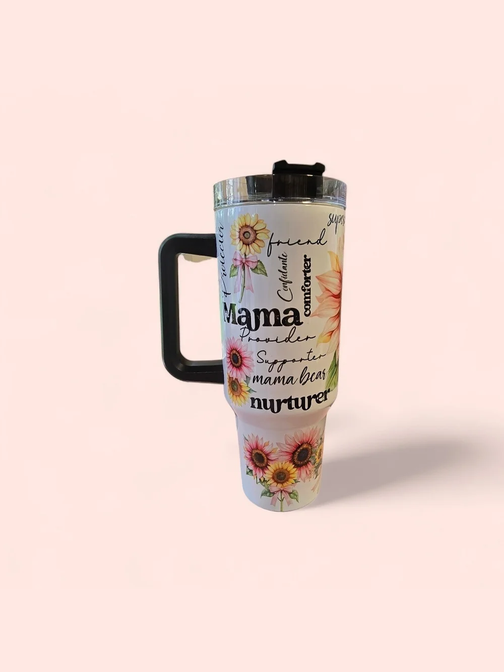 Insulated White Floral 'Mom' Travel 40 Oz Tumbler with Handle